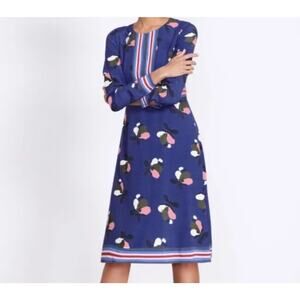 Boden Navy Blue Floral-Print Midi Dress with Pink & White Accents
